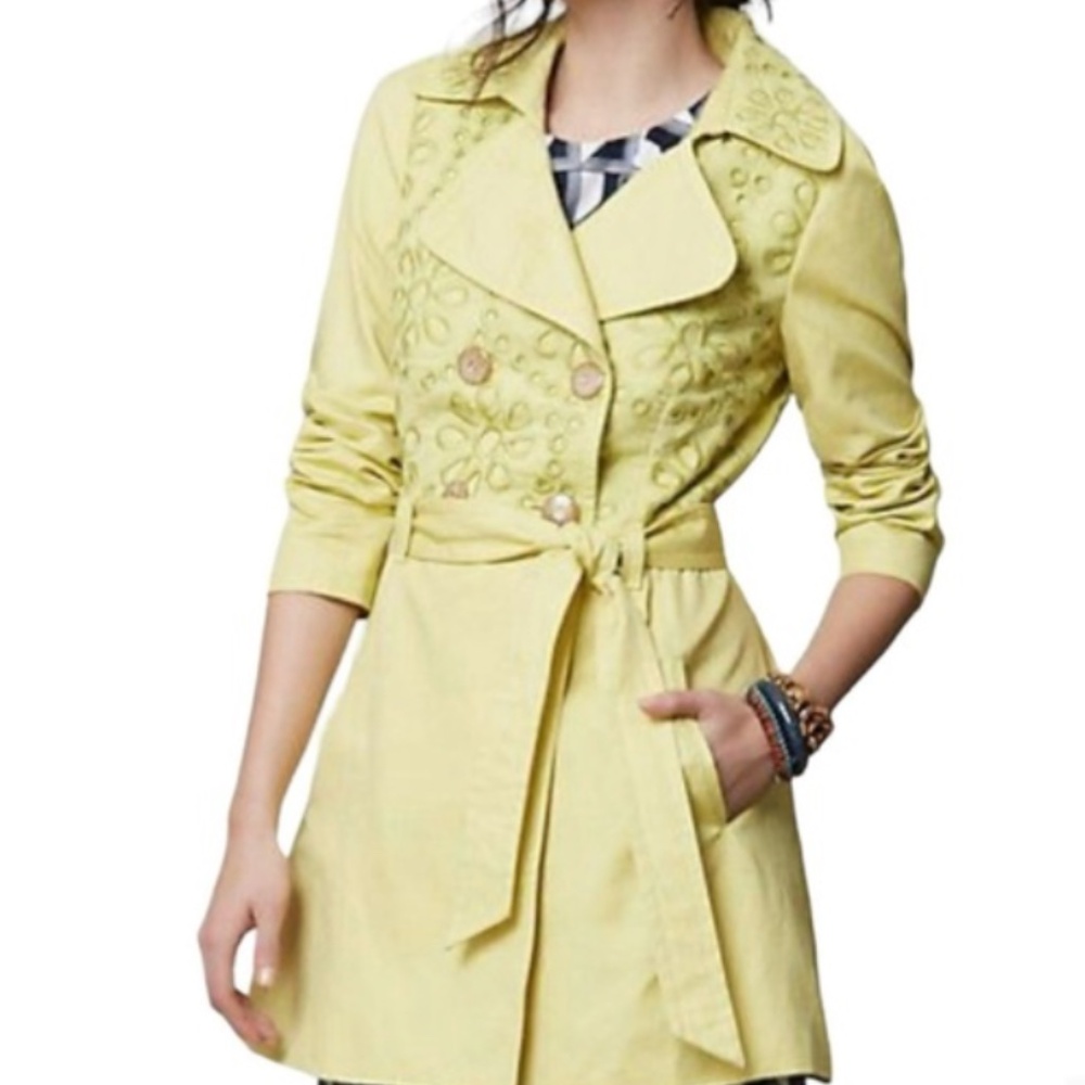 Leifsdottir Anthropologie Embroidered Linen Trench Coat Yellow Green Womens 12